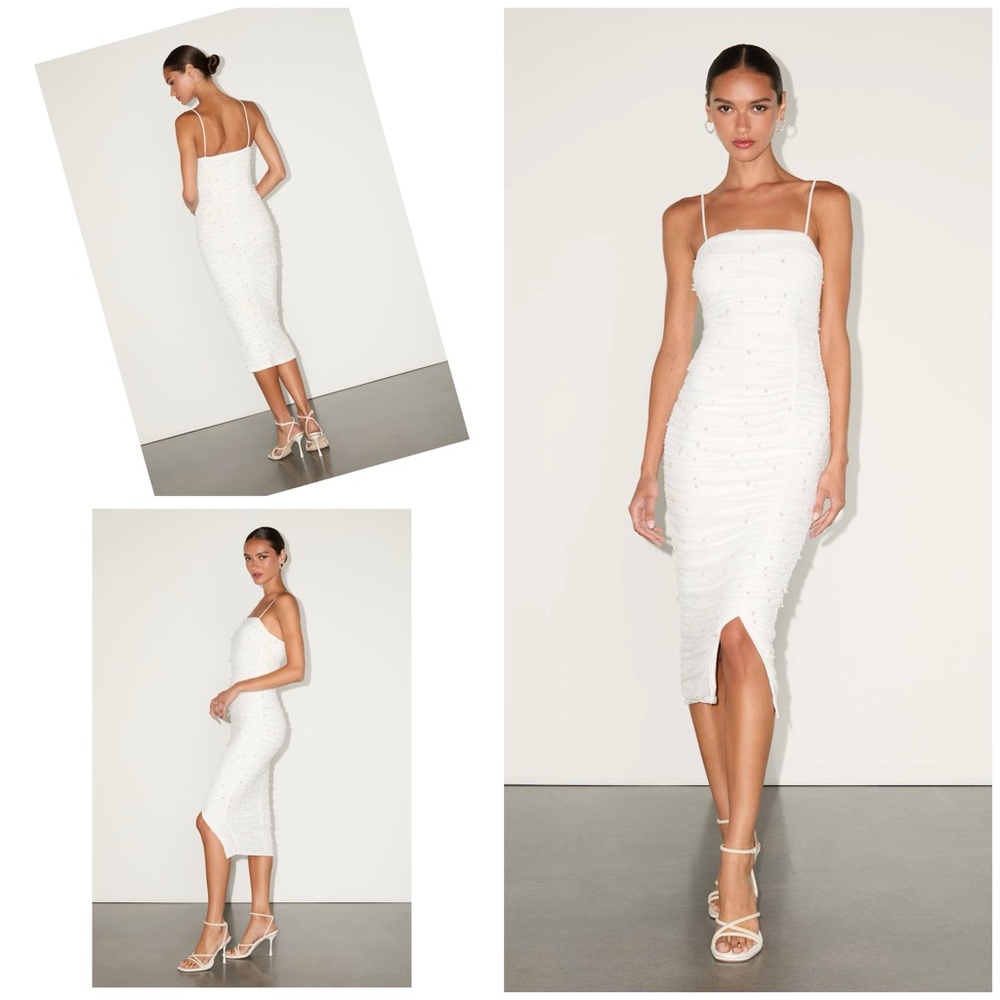 Lulus Toast to Romance White Ruched Pearl Bodycon Midi Dress Size L NWT